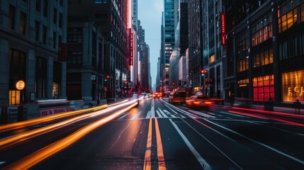 Fototapeta premium High-speed drive through an empty city street lined with tall, illuminated skyscrapers