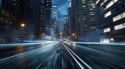 Obraz premium High-speed drive through an empty city street lined with tall, illuminated skyscrapers