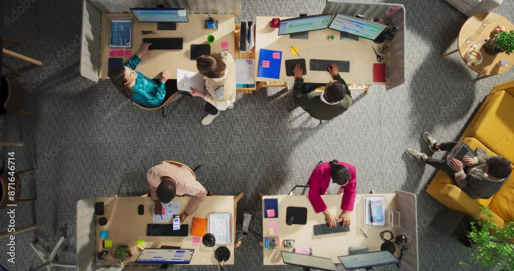 Poster Top Down View: Multicultural Team Working in a Corporate Office. Professional Project Managers Analyze Data, Discuss Strategies, and Use Desktop Computers. Creative Workspace Of Advertising Agency