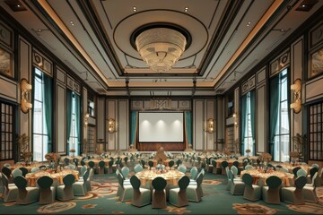 A large room with a projector screen and a chandelier