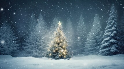 Snow covered christmas tree in winter forest with copy space at night