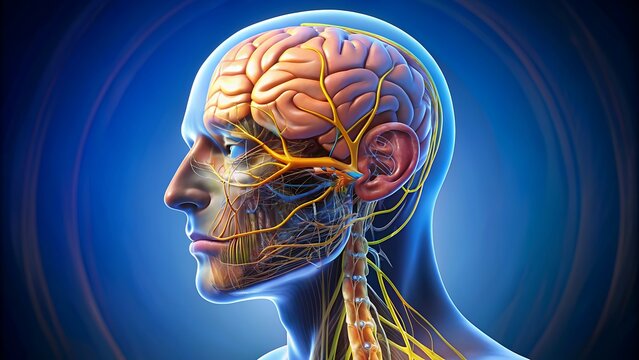 A highly detailed illustration of the human brain's cranial nerves, highlighting the abducens nerve, showing its connections to the eye and surrounding anatomy.
