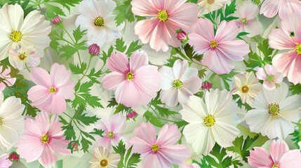 Background of a mix of delicate pink cosmea blossoms and fresh green leaves