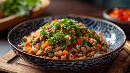Homemade minced pork and carrot stir-fry with coriander
