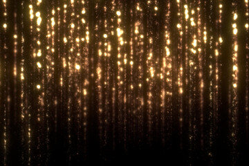 christmas, new year golden warm particles and sparkles frame with fluid movement, space for text on black background, holiday and event