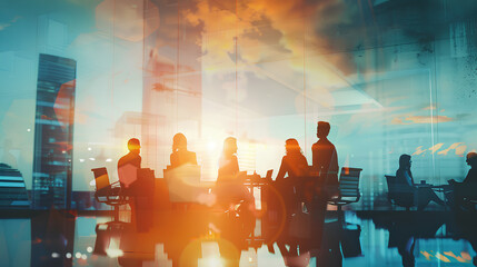team of business people working together in the office, teamwork background banner, double exposure