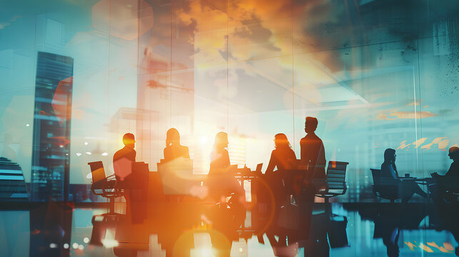 team of business people working together in the office, teamwork background banner, double exposure