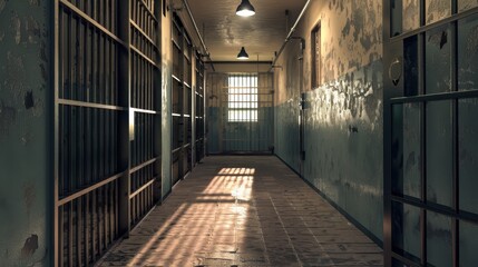 A prison hallway with barred windows and doors