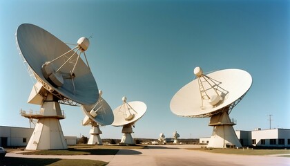 huge satellite dishes at the open field and sky