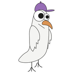 Weird seagull isolated white background. Hippie flat bird in cap. Trippy dove. Minimalism simple vector illustration can used cloth decor, t-shirt print and postcard cover template. Editable stroke. 