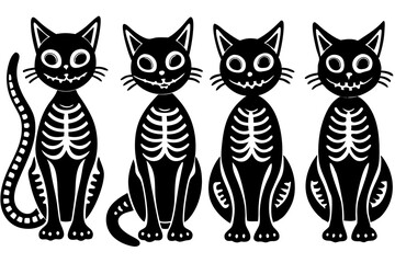 skeleton cat silhouette vector set, Set of skeleton black cats. Collection of silhouette halloween cats with bones costume

