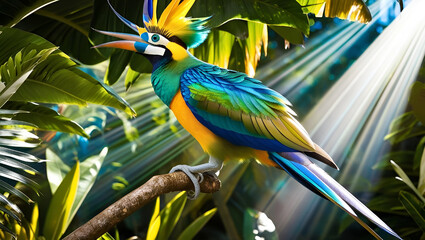 Ai Colorful bird Sits on branch in the forest Ai generated