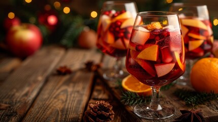 Festive sangria with fruit and ice