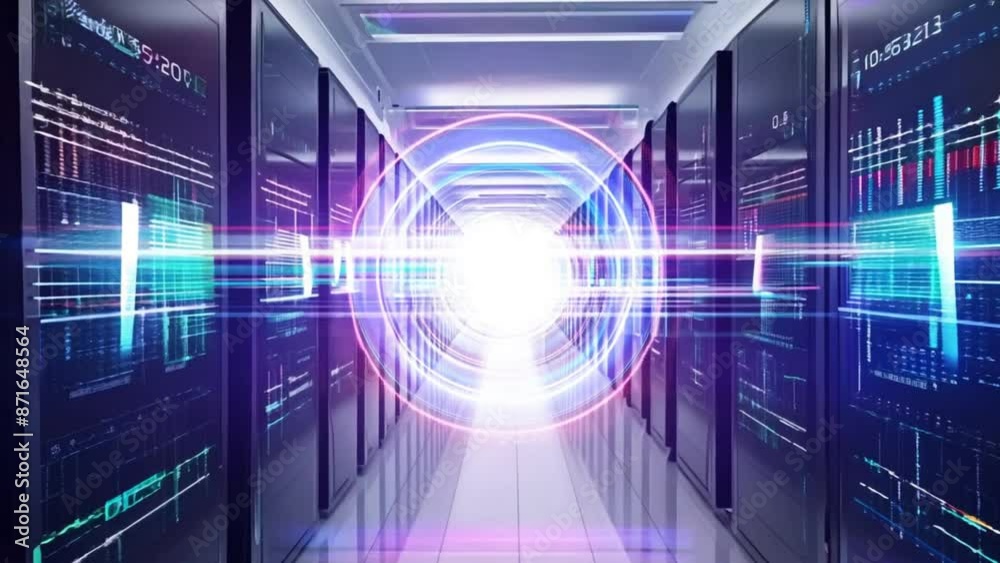 Poster  Digital lines and nodes illuminated with vibrant colors produce a mesmerizing symphony of light and technology in a futuristic data center.