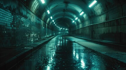 Moody underground tunnel glistening with rain, dimly lit by overhead lights reflecting on wet pavement