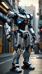 Fototapeta premium Futuristic robot walking down a city street.