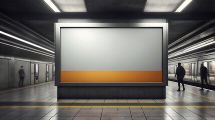 mockup of blank advertising billboard in a subway station with passing trains and commuters on a concrete and metallic background concept of urban advertising