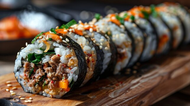 Korean gimbap roll with steamed white rice