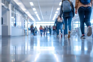 Blurred Students Walking in College Hallway with Soft Focus Background