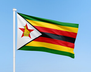 Zimbabwe flag on stick on sky background. Realistic flag illustration