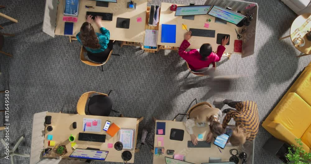 Fototapete top down view in timelapse: multiethnic team of managers working in a creative agency office. corpor