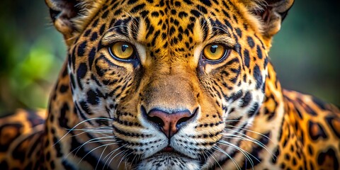 Fototapeta premium A regal jaguar's striking close-up portrait showcases its majestic features, intense amber eyes, and soft fur, exuding power and elegance in the wild.