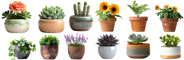   Blooming Plants in Ceramic, Terracotta, and Glass Pots cut out dicut PNG on transparent in Light Studio
