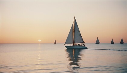 Fototapeta premium sailboat cruises at sunset in calm ocean water, copy space for text 