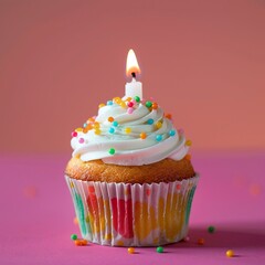 Cupcake with candle on color background