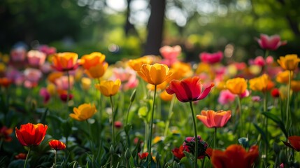 Naklejka premium Vibrant tulip field in the park