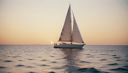 Fototapeta premium sailboat cruises at sunset in calm ocean water, copy space for text 