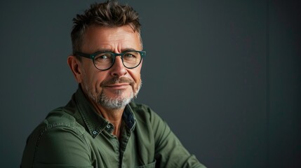 Fototapeta premium Smiling mature businessman with fashionable eyewear and green shirt, looking aside with determination