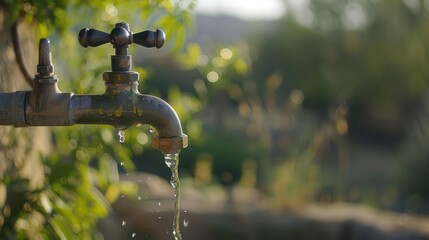 Dripping tap with very little water, water scarcity, conservation message