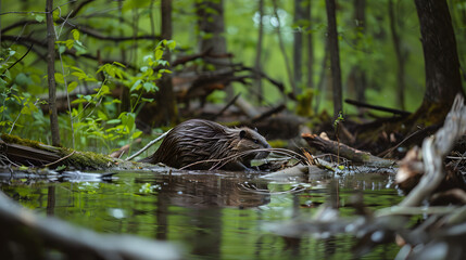 A beaver building a dam in a forest stream surrounded by fallen branches and lush greenery.