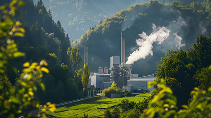 A biomass power plant with steam rising from its chimneys surrounded by greenery.