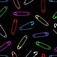 Vibrant seamless pattern with colorful neon safety pins on a black background. Ideal for punk fashion, alternative textiles, or edgy digital designs. Stylish, modern, and rebellious.