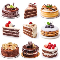 Set of different delicious cakes isolated on white background. Chocolate cake, red velvet, vanilla, pistachio cake. Many flavors of cakes set collection. Birthday cakes collage set.