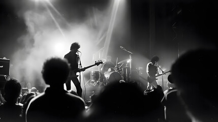 A black-and-white photo of a rock concert with the band playing on stage circa 1977.