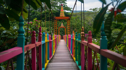 A brightly colored hanging bridge set against the backdrop of a dense green jungle.