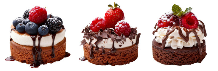   Miniature Cakes with Berries, Chocolate Drizzle, and Whipped Cream cut out dicut PNG on transparent in Studio Light