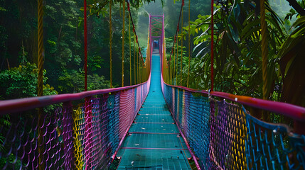 A brightly colored hanging bridge set against the backdrop of a dense green jungle.
