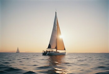 sailboat cruises at sunset in calm ocean water, copy space for text
