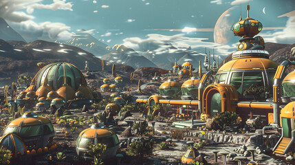 A bustling space colony with domed habitats and diverse communities.