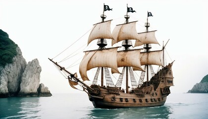 sailing pirate ship, isolated white background