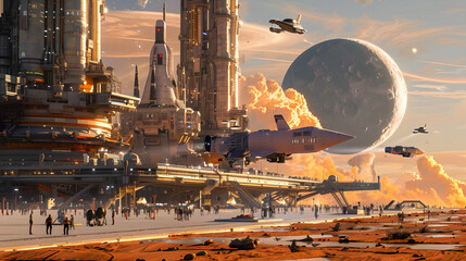 A bustling spaceport with spacecraft ready for interplanetary travel.