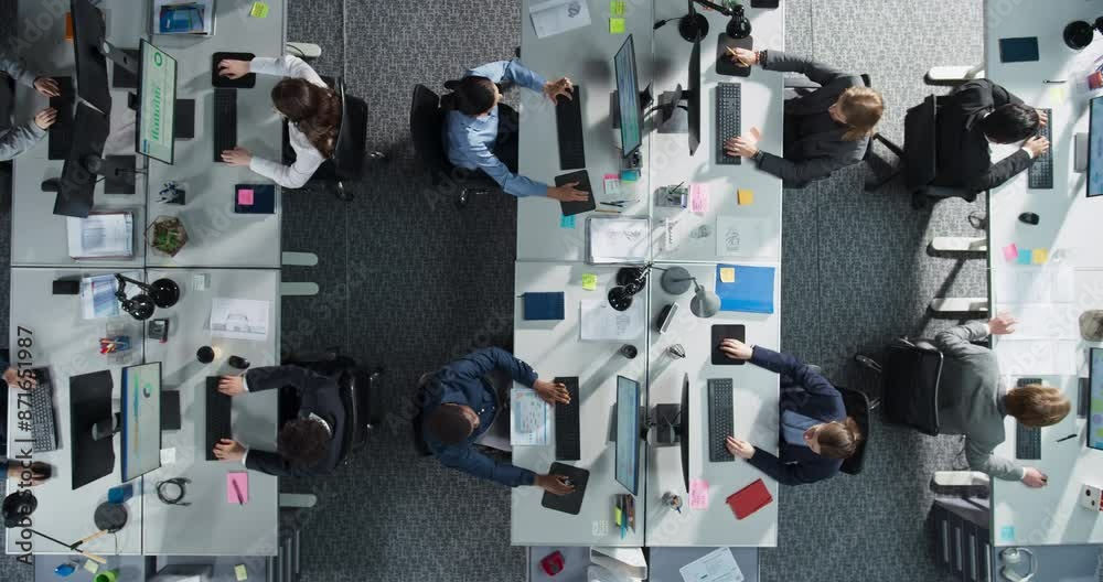 Fototapete Top Down View Of Diverse Colleagues Working In Corporate Office Of Hedge Fund. Using Desktop Computers, Discussing Documents, Analyzing Data. Concept Of Teamwork And Professional Business Environment.