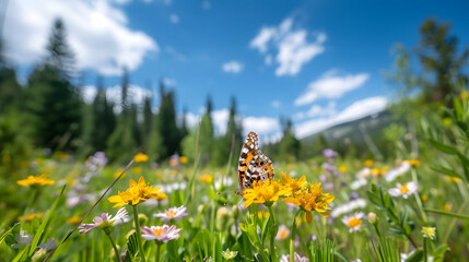 A butterfly perched on a wildflower in a sunny forest meadow with a clear blue sky overhead.