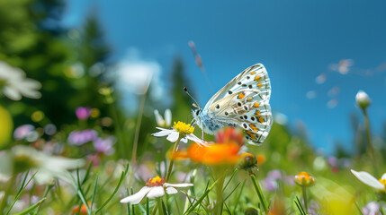 A butterfly perched on a wildflower in a sunny forest meadow with a clear blue sky overhead.