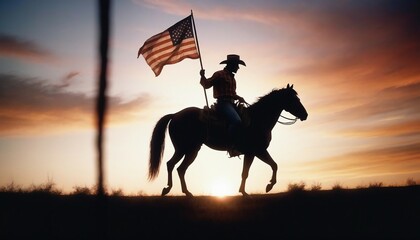 Naklejka premium silhouette of a cowboy on a horse holding an American flag, dramatic sunset colors painting the sky with warm hues 