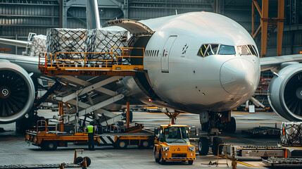 A cargo plane being loaded with freight containers.